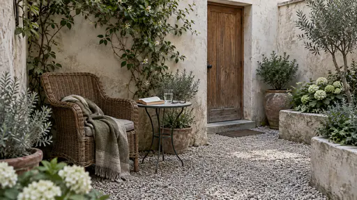A worn wicker reading chair with a folded blanket stands in a shaded corner of a plaster courtyard beside a small round side table holding a face-down paperback, a glass of water and reading glasses under a climbing plant.