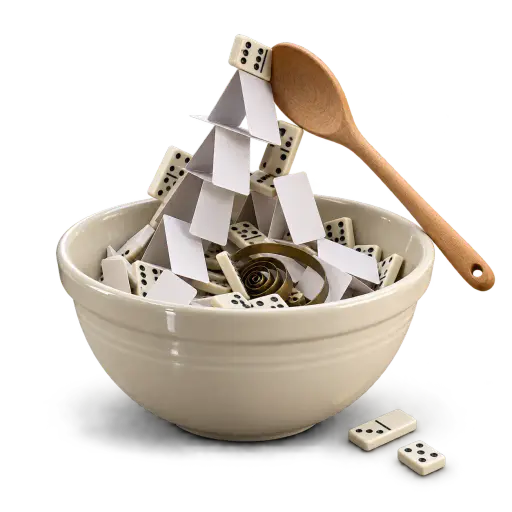 A recipe for disaster: a wooden spoon stirs a collapsing tower of dominoes, blank playing cards and a clockwork spring inside a cream mixing bowl, shown as an isolated still life. The image visualises the idiom's meaning, that a combination of poor choices is likely to create trouble.