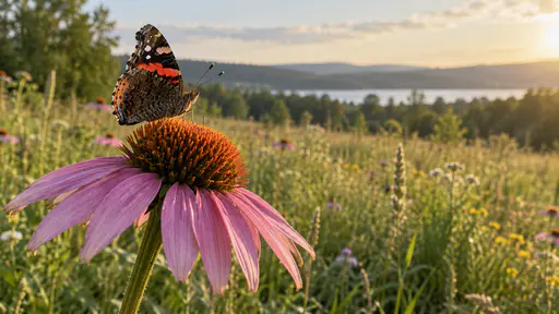 A red admiral butterfly with black wings, a red-orange band and white tip spots perches on the edge of the orange cone of a large pink coneflower with closed upright wings and its proboscis in the spikes in soft diffuse light.
