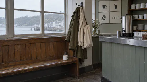 An olive coat, a cream scarf and a canvas shopping bag hang from a coat hook above a wooden waiting bench while a steaming white cup waits on the seat beside them in grey window light.