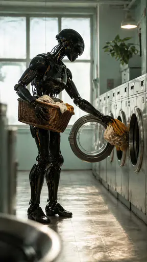 A standing black robot holds a wicker laundry basket and loads cream and ochre clothes into an open washing machine.