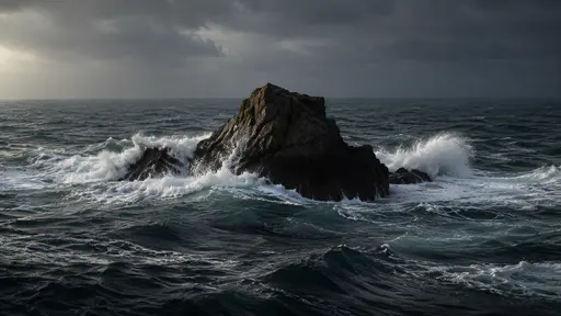 One dark rock outcrop stands mid-frame dividing deep moving water that breaks white on both its sides in low dark light on open sea.