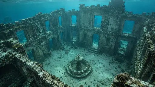 A fully submerged roofless courtyard holds a dry plain fountain at its centre with empty window openings looking in from every side, the sea surface far above the open roof.