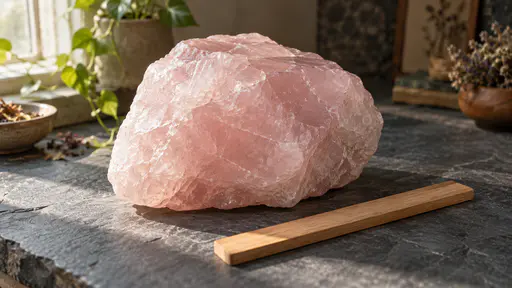 A massive chunk of rose quartz with a soft pale pink hazy translucent body and a few fine internal cracks glows on a dark slate bench beside a plain wooden ruler in diffuse side window light.