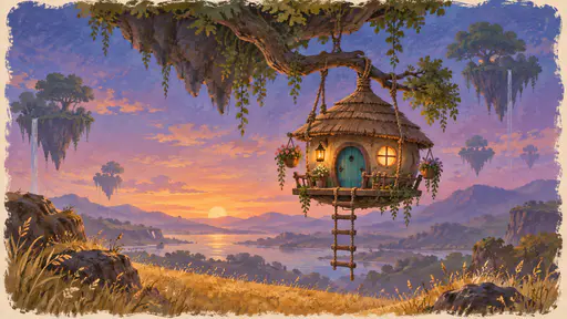 A small round hut with a turquoise door and one warmly lit round window hangs by thick ropes from a high branch of a downward-growing tree below a floating island with a rope ladder dangling beneath and tiny hanging flower pots around its porch at dusk.