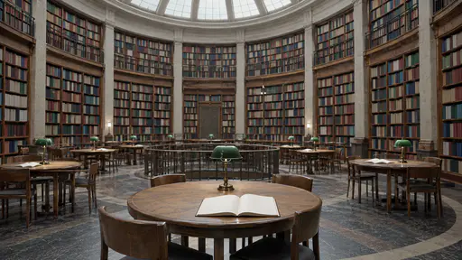 A round public library reading room with tall curved shelves holds round tables with green shaded reading lamps and open blank books in soft skylight.