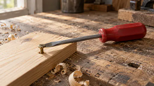 On a scarred wooden workbench in raking side light a flat-head steel screwdriver with a red handle rests with its tip meeting the slot of a brass screw already started in a pine board with a few wood curls beside them seen from a slight high angle.