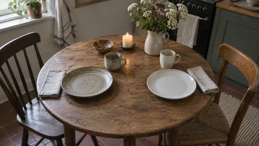 A small round kitchen table is laid for two with a newly added white plate and cup fitted beside the worn pottery plate and folded napkin of the first place and a candle and a jug of flowers moved slightly aside in soft light.
