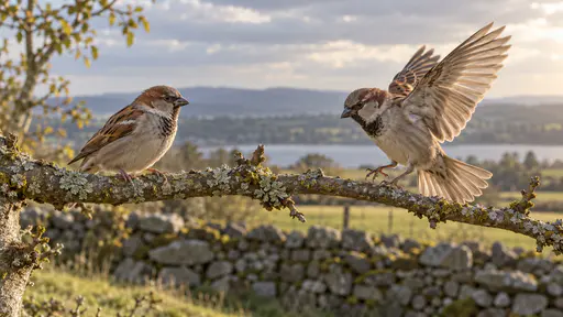 A second small brown sparrow lands on a bare lichen-covered branch with wings half open and tail fanned beside the first sparrow which turns its head toward it in soft grey light.