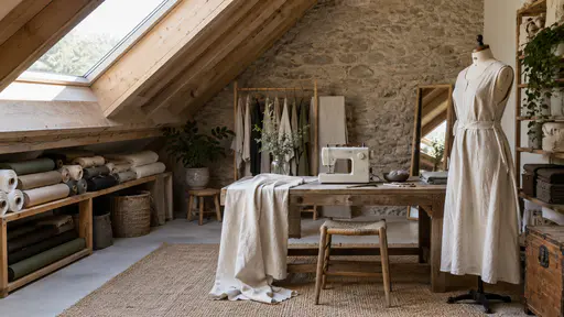 A sewing studio tucked beneath a steep roof with bare timber rafters angling overhead, a skylight, a sewing machine on a low table, a dress form in a half-finished linen dress and rolls of fabric along the eaves in soft light.