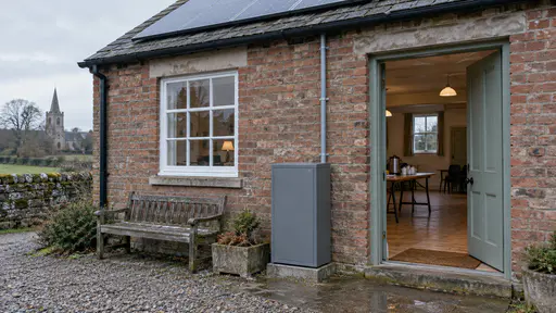 A grey weatherproof battery cabinet stands against the brick wall beside the open door of a small village hall with a neat conduit running up to the solar roof and a kettle and lamps visible on a trestle table inside.