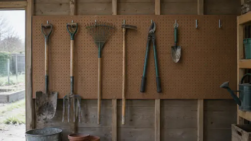 A long pegboard in a community shed shows a spade, a fork, a rake, a hoe and loppers on its first five hooks, a single trowel on the sixth and the last two hooks empty in bright even light.