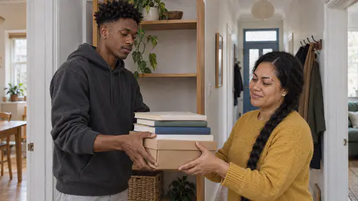 A young man in a charcoal hoodie lifts a stack of books and a box from the middle shelf of a hallway shelving unit and hands them to a woman with a long braid in a mustard jumper with the cleared shelf bare behind them in bright light.