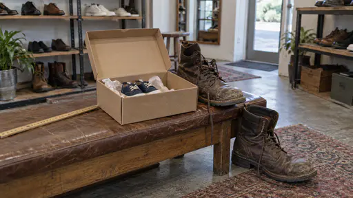 An open plain shoe box on a bench holds a small pair of shoes clearly too tiny beside a much larger pair of worn boots spilling onto the floor with a measuring stick on the bench in bright shoe-shop light.