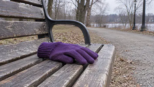A single violet knitted glove with slightly curled fingers lies on the slats of a weathered park bench with bare trees and a gravel path blurred behind in flat overcast light.