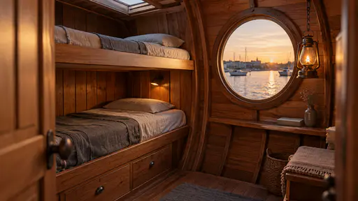 A compact sleeping cabin inside a houseboat has a built-in double bunk with folded linen, a small drawer unit, a round window with the harbour at the waterline and a hanging oil lamp between timber walls that curve with the hull in warm evening light.