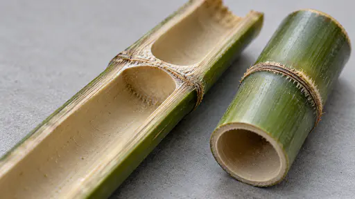A length of green bamboo stem sliced lengthwise lies on a plain pale grey bench showing the hollow tube interior divided by a solid partition wall at the node with a short uncut section beside it in soft backlight.