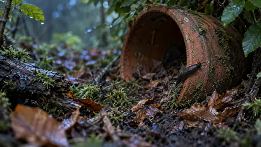A dark slug grazes along the damp rim of an overturned terracotta flowerpot lying under a hedge on a woodland floor with a glistening slime trail behind it and moist soil and moss around in blue evening light.