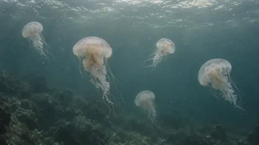 A small aggregation of five jellyfish drifts at scattered distances in soft open water with their bells clearly separated from one another.
