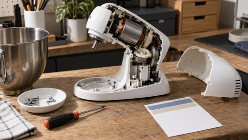 On a repair bench seen from a slightly high angle a small plain white kitchen mixer lies opened with its casing off and motor and gears visible beside a small white dish of neatly sorted screws, a small screwdriver and a blank colour-banded ticket in diffuse overhead light, no people.