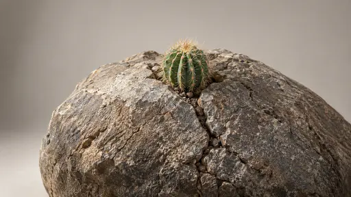 One small round cactus grows rooted in a narrow fissure across a large cracked boulder in even daylight.