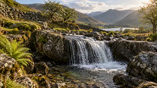 A stream sheets over a single rock lip in a small cascade with white water falling into a plunge pool among dark wet boulders and ferns on the banks in brisk backlight.