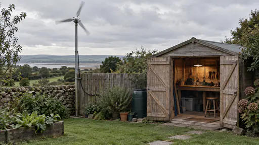 A small pole-mounted wind turbine with three slim blades spins above a garden fence while a plain cable runs down the pole into an open garden shed where a single lamp glows over a tidy workbench in breezy overcast light.