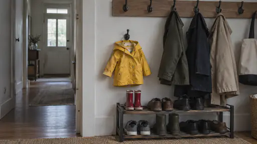 A small yellow child's raincoat with sleeves visibly too short hangs on a low coat hook beside a row of adult-height hooks with a pair of small red wellington boots on the shoe rack in soft hall light.