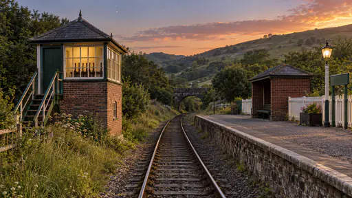 A small brick signal box with a pitched slate roof and external timber steps stands beside a single railway track with its window glowing warm yellow in soft dusk light and tall grass at its base.