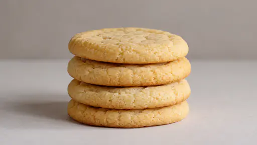 A small stack of four plain uniced sugar cookies in gentle side light shows the thickness of each cookie along its stacked edges.