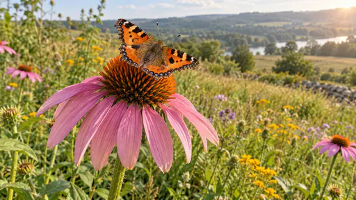 A small tortoiseshell butterfly with orange wings edged in black with blue spots rests on the orange cone of a large pink coneflower with its wings spread flat and rose-pink petals drooping below in warm afternoon light.