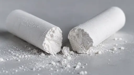 A stick of white chalk snapped in two lies on a plain pale grey bench with the broken end turned to the camera showing a rough porous crumbly grain and a thin dusting of white powder in even studio light.