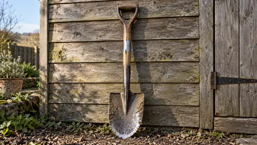 A garden spade leans against a weathered shed wall with its steel blade ground short and bright along the edge, a dark worn ash handle with a taped crack and soil dried on the blade shoulders in bright low sun.