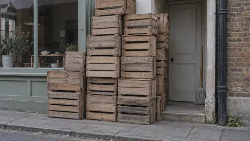 A tall stack of plain wooden crates grows up the side of a shopfront and across the front of a narrow doorway beside it leaving only a gap too narrow to pass with a closed blank door and a mop visible behind in flat daylight.