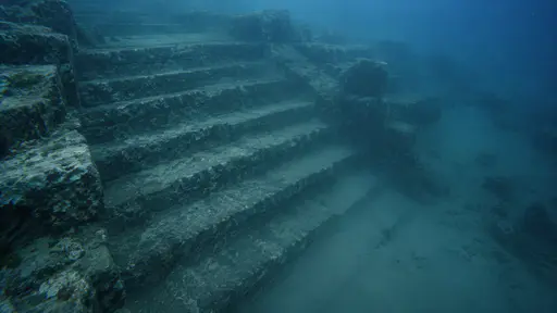 A broad stone stairway descends into deep sediment with only its upper steps clear and the rest disappearing into the silt floor in dim blue water.