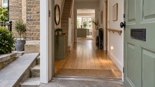 A step-free ground-floor hallway runs from the front door to the kitchen with a wide doorway, a smooth threshold strip, a wooden grab rail on one wall, a floor-height nightlight and a folded wheelchair parked at the end.