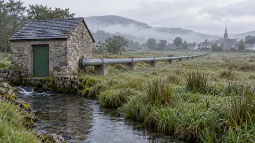 A small stone pump house with a slate roof and a green door stands beside a clear stream with a grey rising main pipe running from it across a misty dewy meadow on short concrete supports toward a distant village.