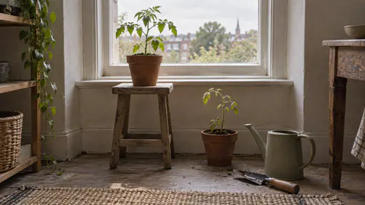 A small wooden stool lifts a potted seedling up to the bright sill of a deep window while its shadowed twin on the floor beside it stands paler and leaning with a watering jug and a trowel nearby in warm window light.