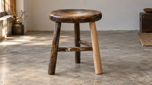A small wooden stool stands on a bare floor with three dark worn legs and one fresh pale replacement leg of newer wood and a seat polished smooth in the middle in warm window light.