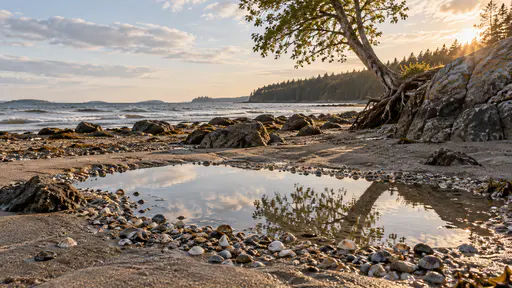 A shallow stranded pool in the sand mirrors the pale sky with a rim of small shells and pebbles along its edge and the pale-barked tree and a rock outcrop behind in bright diffuse light.