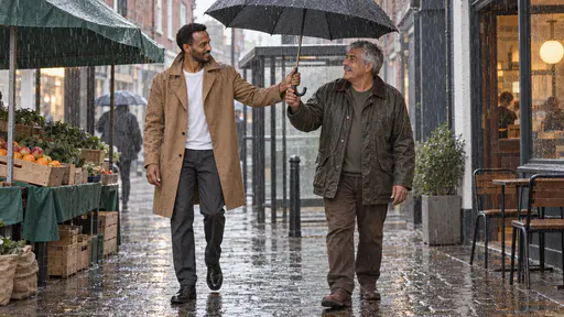 A tall lean man in a camel trench coat hands the handle of a large black umbrella to an older man in an olive waxed jacket at a wet kerb in steady rain, both smiling.