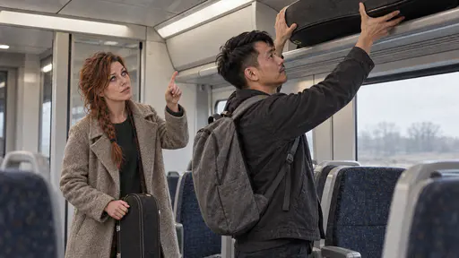 A freckled woman with a loose auburn braid points up toward the luggage rack with a questioning look while a wiry man in a charcoal jacket lifts her black guitar case up into the rack with both arms among a few empty seats in a train carriage in soft window light.