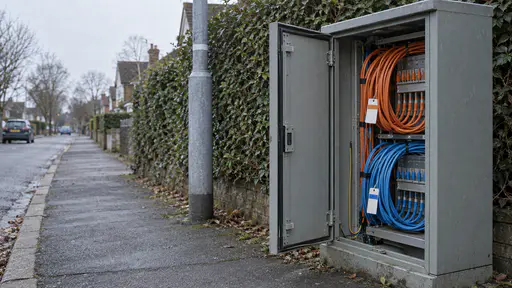 An open grey street cabinet on a quiet suburban pavement shows neatly coiled orange and blue cable loops on a rack of plain connectors with blank colour-banded tags in cool morning light.