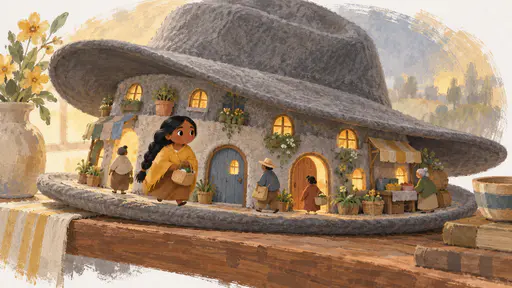 A street of tiny round doorways and lit windows is built into the felt band of a vast upturned grey hat on a wooden shelf while thumb-sized residents including a Samoan woman with a long black braid and mustard shawl carry baskets along it in warm morning light.