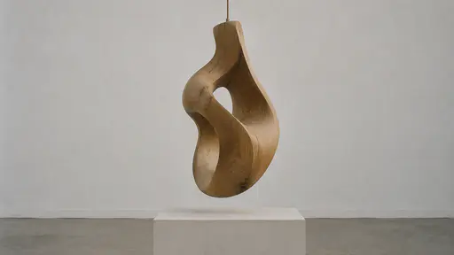 One abstract wooden form hangs suspended from a plain cord attached at its top against a plain wall above a pale plinth in even gallery light.