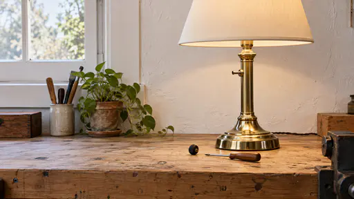 A brass table lamp stands on a pine workbench with a bare metal stem where its round switch knob should be while a small round black knob and a tiny screwdriver lie beside the base in warm lamp light.