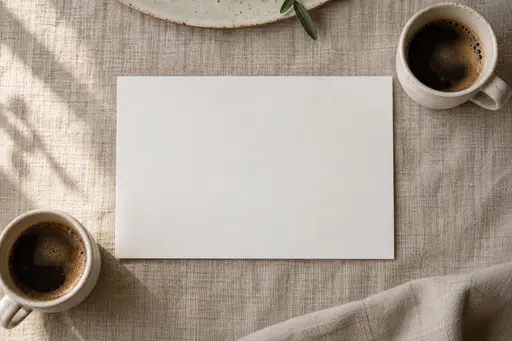 Overhead view of a linen table with a large blank paper card at centre, two ceramic espresso cups in opposite corners and a plate edge at the top.