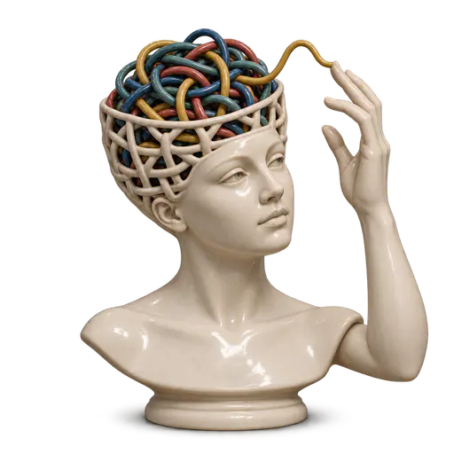 A tangled mind: A ceramic portrait bust whose open crown holds one densely tangled multicolored cord, a single loose end reaching toward the figure's raised fingertips, isolated on transparency.