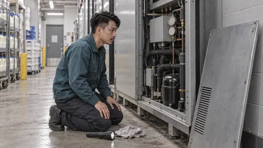 A wiry technician in a teal work jacket kneels beside the open back of a tall commercial chiller with its rear panel leaned against the wall behind a supermarket aisle with a torch and cloth on the floor in bright cold light.