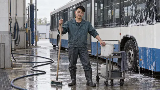 A wiry technician in a teal work jacket holds a long-handled brush upright in a bus depot washdown bay with a coiled hose on the wet floor and a half-washed bus with soap suds behind him in bright morning light.